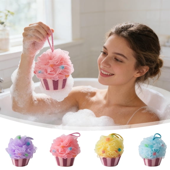Ice Cream Shape Bath Sponge Loofah for Shower – Soft Exfoliating Mesh Body Scrubber with Hanging Loop, Summer Pool and Bath Use