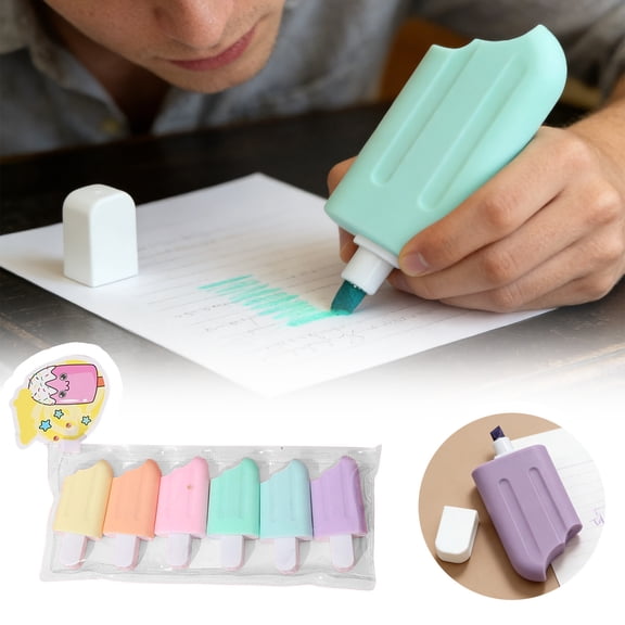Ice Cream Shaped Highlighter Pens - 6 Colors Candy Fluorescent Markers, Cute Design Stationery for Students & Office, Smooth Writing