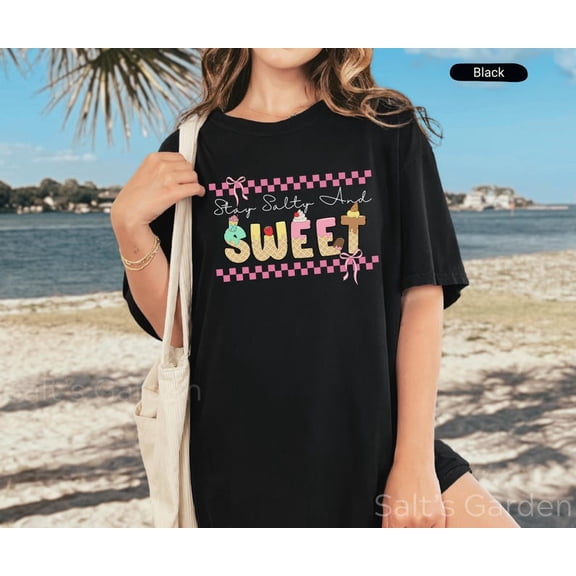 Ice Cream Shirt, Christian Summer Shirt Women, Checker Bow Coquette T-Shirt, Stay Salty Oversized Beach Vacation Tee, Church Camp Tshirt, Vintage T-Shirt - All Sizes S-Xl, Gategoo