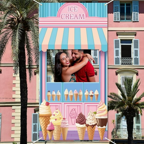 Ice Cream Shoppe Background Photo Door Banner Theme Large Fabric Photo Door Backdrop Props Decor Funny Ice Cream Face in Hole Photo Backdrop Party Supplies for Party 70.8x35.4 Inch Colorful DIY