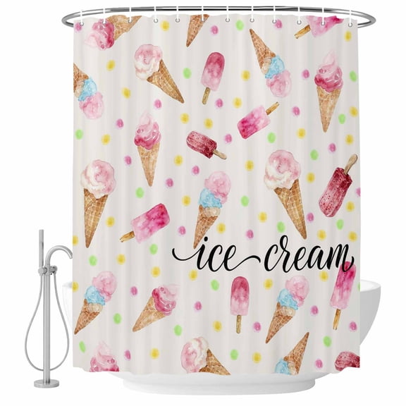 Ice Cream Shower Curtain for Bathroom, Summer Desert Watercolor Popsicle Colorful Polka Dot Waterproof Cloth Fabric Bathroom Accessories Set with 9 Rust Proof Plastic Hooks, 36"x72"