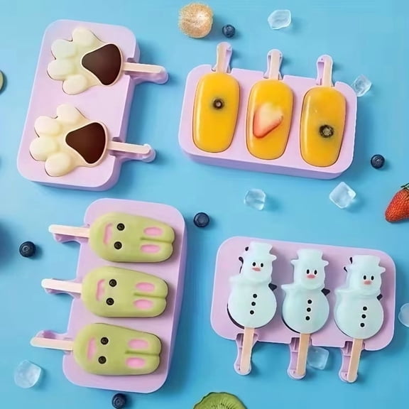 Ice Cream Silicone Mold Set - 4 Unique 3D Popsicle Designs for Homemade Frozen Treats