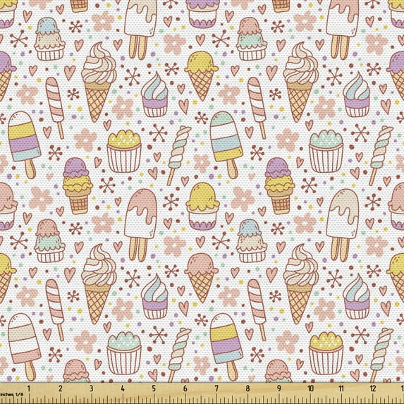 Ambesonne Ice Cream Fabric by the Yard Upholstery, Pastel Flavours Popsicles, 3 Yards, Pink Peach Mustard