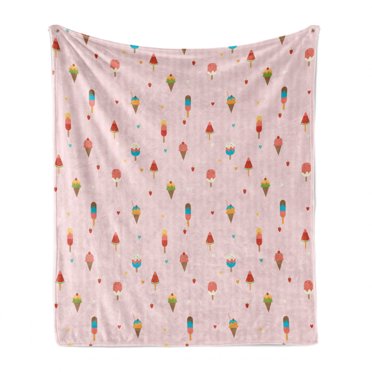 Ice Cream Soft Flannel Fleece Blanket, Pastel Pink Striped Backdrop with Hearts Different Toppings on Sticks and Cones, Cozy Plush for Indoor and Outdoor Use, 50" x 70", Multicolor, by Ambesonne