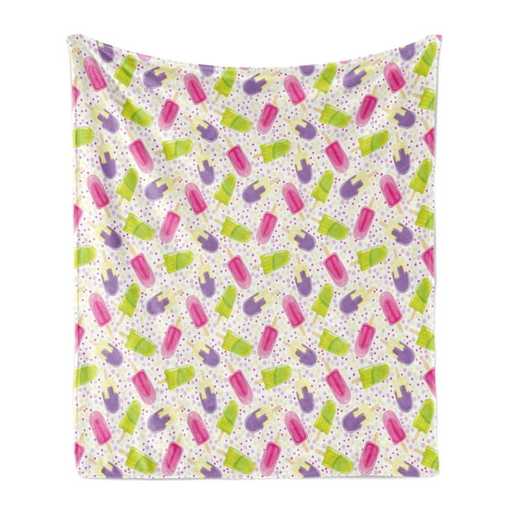 Ice Cream Soft Flannel Fleece Blanket, Popsicles in Cartoon Style Scattered on Polka Dot Background Yummy Fresh Frosting, Cozy Plush for Indoor and Outdoor Use, 50" x 70", Multicolor, by Ambesonne