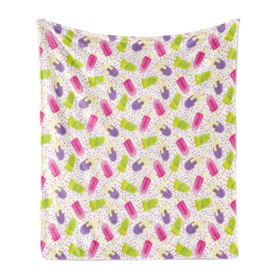 Ice Cream Soft Flannel Fleece Blanket, Popsicles in Cartoon Style Scattered on Polka Dot Background Yummy Fresh Frosting, Cozy Plush for Indoor and Outdoor Use, 60" x 80", Multicolor, by Ambesonne