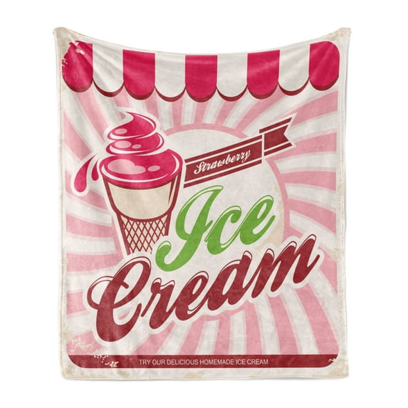 Ice Cream Soft Flannel Fleece Blanket, Retro Style Strawberry Ice Cream Logo in Soft Tones Homemade Pop Art, Cozy Plush for Indoor and Outdoor Use, 70" x 90", Hot Pink Maroon Cream, by Ambesonne