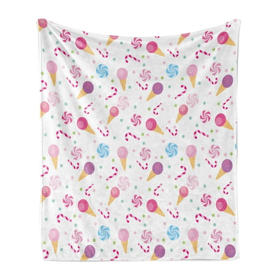 Ice Cream Soft Flannel Fleece Blanket, Sweets Pattern with Ice Cream Cones and Candy Stars Design Abstract Desserts Food, Cozy Plush for Indoor and Outdoor Use, 70" x 90", Multicolor, by Ambesonne