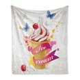thumbnail image 1 of Ice Cream Soft Flannel Fleece Throw Blanket, Butterflies Cherries and Color Splashes Summer Spring Yummy Ice Cream Display, Cozy Plush for Indoor and Outdoor Use, 50" x 70", Multicolor, by Ambesonne, 1 of 6