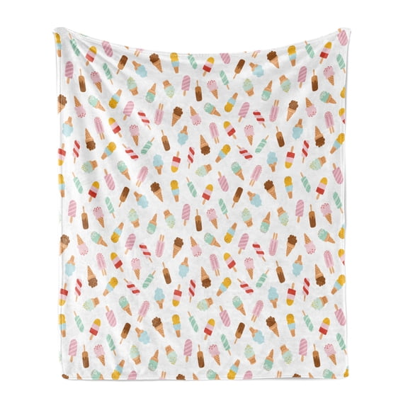 Ice Cream Soft Flannel Fleece Throw Blanket, Cartoon Doodle Style Creamy Delicious Diary Desserts with Various Flavors, Cozy Plush for Indoor and Outdoor Use, 50" x 60", Multicolor, by Ambesonne