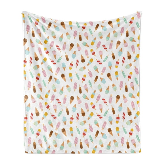 Ice Cream Soft Flannel Fleece Throw Blanket, Cartoon Doodle Style Creamy Delicious Diary Desserts with Various Flavors, Cozy Plush for Indoor and Outdoor Use, 70" x 90", Multicolor, by Ambesonne