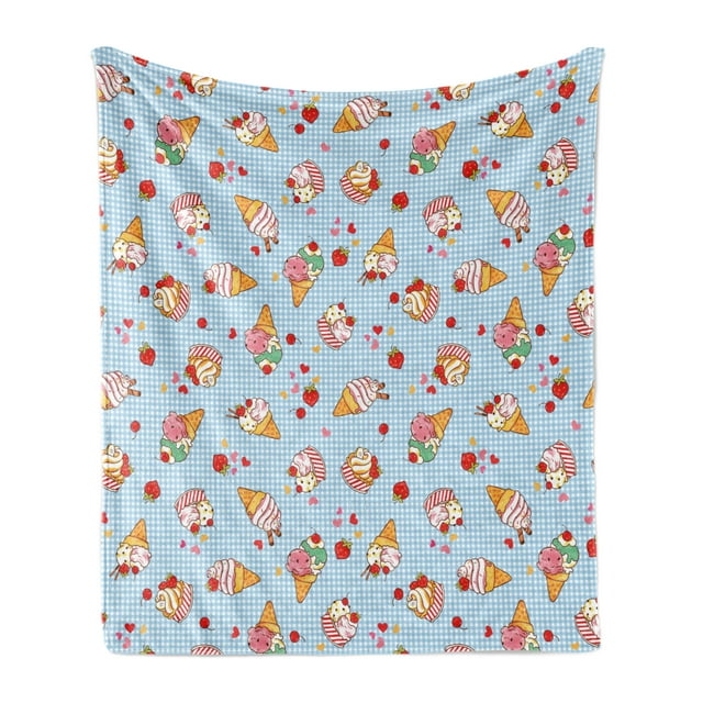 Ice Cream Soft Flannel Fleece Throw Blanket, Cherries on a Checkered Tartan Motif with Hearts Love Valentines Print, Cozy Plush for Indoor and Outdoor Use, 60" x 80", Multicolor, by Ambesonne