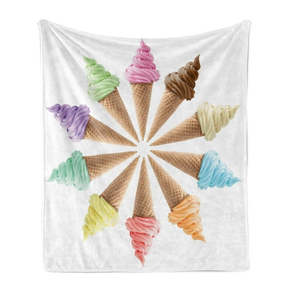 Ice Cream Soft Flannel Fleece Throw Blanket, Cones with Various Flavors Forming Row Summer Season Picture Print, Cozy Plush for Indoor and Outdoor Use, 70" x 90", Multicolor, by Ambesonne