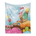 thumbnail image 1 of Ice Cream Soft Flannel Fleece Throw Blanket, Dessert Land Rainbow Candies Lollipop Trees and Cupcake Mountains Cartoon, Cozy Plush for Indoor and Outdoor Use, 70" x 90", Multicolor, by Ambesonne, 1 of 6