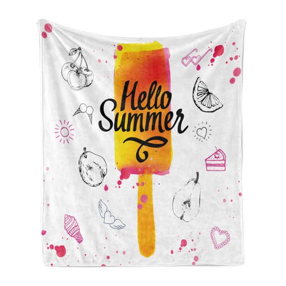 Ice Cream Soft Flannel Fleece Throw Blanket, Hello Summer Words with Lime Heart Sun Cake Color Splashes Image, Cozy Plush for Indoor and Outdoor Use, 60" x 80", Multicolor, by Ambesonne