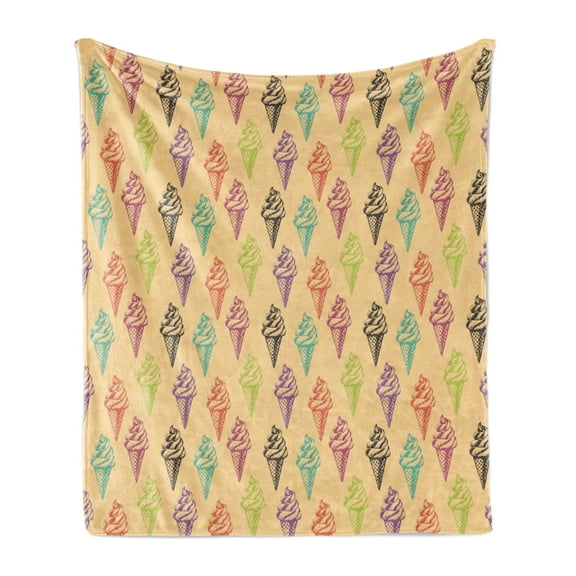 Ice Cream Soft Flannel Fleece Throw Blanket, Modern and Cone with Grunge Colors Effects Summer Print, Cozy Plush for Indoor and Outdoor Use, 70" x 90", Multicolor, by Ambesonne
