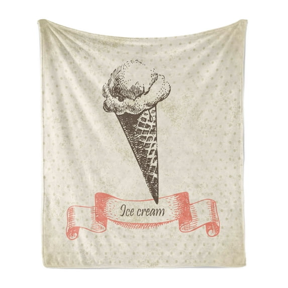 Ice Cream Soft Flannel Fleece Throw Blanket, Nostalgic Grunge Ice Cream on Old Fashioned Polka Dots Background, Cozy Plush for Indoor and Outdoor Use, 70" x 90", Cream Coral Brown, by Ambesonne