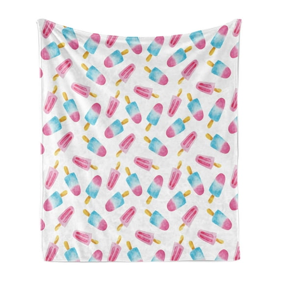 Ice Cream Soft Flannel Fleece Throw Blanket, Pattern with Refreshing Watercolor Popsicles on White Background, Cozy Plush for Indoor and Outdoor Use, 70" x 90", Earth Yellow Pale Blue, by Ambesonne