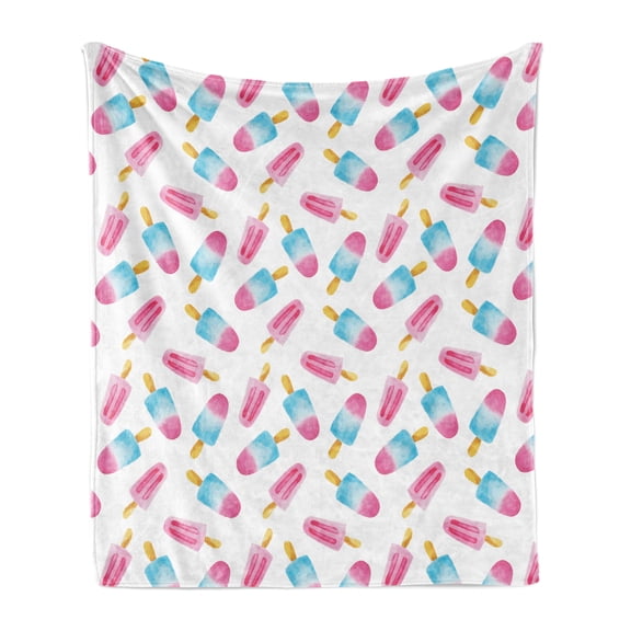 Ice Cream Soft Flannel Fleece Throw Blanket, Pattern with Refreshing Watercolor Popsicles on White Background, Cozy Plush for Indoor and Outdoor Use, 70" x 90", Earth Yellow Pale Blue, by Ambesonne