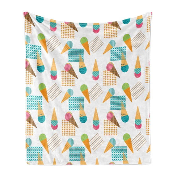 Ice Cream Soft Flannel Fleece Throw Blanket, Pattern in Scandinavian Style Cones with Colorful Scoops and Geometric Design, Cozy Plush for Indoor and Outdoor Use, 50" x 60", Multicolor, by Ambesonne