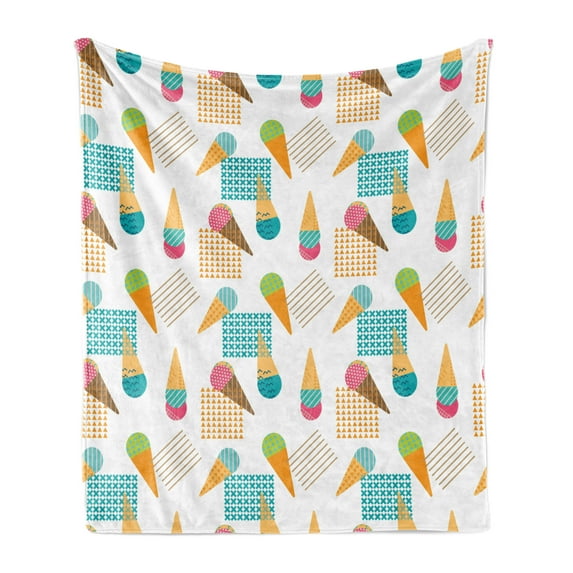 Ice Cream Soft Flannel Fleece Throw Blanket, Pattern in Scandinavian Style Cones with Colorful Scoops and Geometric Design, Cozy Plush for Indoor and Outdoor Use, 50" x 70", Multicolor, by Ambesonne