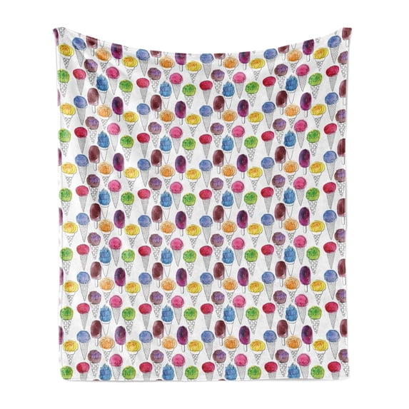 Ice Cream Soft Flannel Fleece Throw Blanket, Summer Pattern with Hand-drawn Cones Ice Cream Toppings with Watercolor Spots, Cozy Plush for Indoor and Outdoor Use, 50" x 70", Multicolor, by Ambesonne