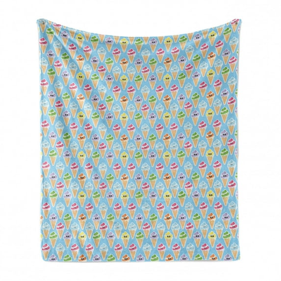 Ice Cream Soft Flannel Fleece Throw Blanket, Summertime Food Gelato Cone Repetitive, Cozy Plush for Indoor and Outdoor Use, 60" x 80", Sky Blue Multicolor, by Ambesonne