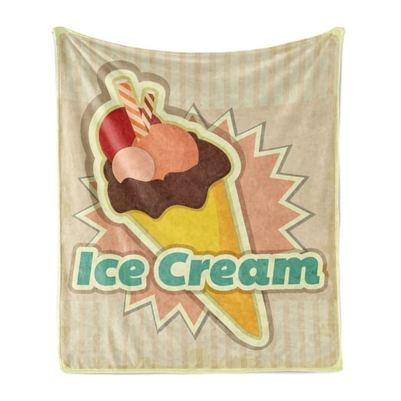 Ice Cream Soft Flannel Fleece Throw Blanket, Vintage Ice Cream Pattern in Funky Tones with Retro Style Effects Illustration, Cozy Plush for Indoor and Outdoor Use, 60" x 80", Multicolor, by Ambesonne