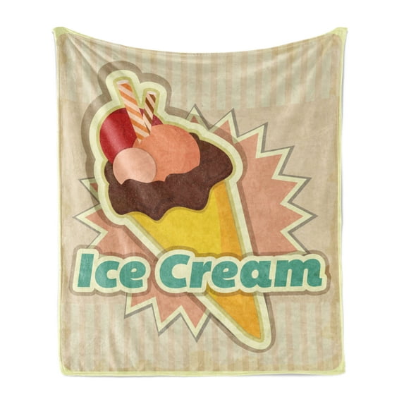 Ice Cream Soft Flannel Fleece Throw Blanket, Vintage Ice Cream Pattern in Funky Tones with Retro Style Effects Illustration, Cozy Plush for Indoor and Outdoor Use, 70" x 90", Multicolor, by Ambesonne