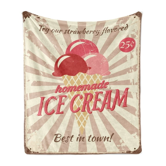 Ice Cream Soft Flannel Fleece Throw Blanket, Vintage Style Sign Homemade Dessert Best in Town Words Print, Cozy Plush for Indoor and Outdoor Use, 50" x 70", Coral Cream Red, by Ambesonne
