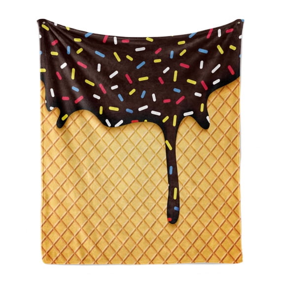 Ice Cream Soft Flannel Fleece Throw Blanket, Waffle Chocolate Flavor Dessert Delicious Yummy Backdrop Graphic, Cozy Plush for Indoor and Outdoor Use, 70" x 90", Dark Brown Mustard, by Ambesonne