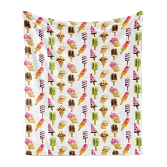 Ice Cream Soft Flannel Fleece Throw Blanket, Watercolor Pattern with Different Products Choc Ice Freshness Enjoyment, Cozy Plush for Indoor and Outdoor Use, 50" x 70", Multicolor, by Ambesonne