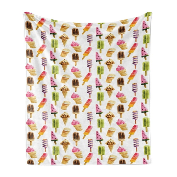 Ice Cream Soft Flannel Fleece Throw Blanket, Watercolor Pattern with Different Products Choc Ice Freshness Enjoyment, Cozy Plush for Indoor and Outdoor Use, 60" x 80", Multicolor, by Ambesonne
