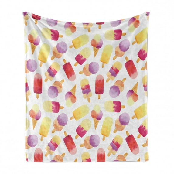 Ice Cream Soft Flannel Fleece Throw Blanket, Watercolor Style Ice Cream with Cones in Pastel Toned Paintbrush Artwork, Cozy Plush for Indoor and Outdoor Use, 50" x 60", Multicolor, by Ambesonne