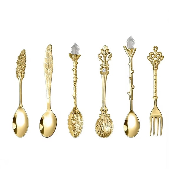 Ice Cream Spoon 6-Piece Set with Crystal Topped Vintage Leaf Carving for Coffee Dessert and Jelly