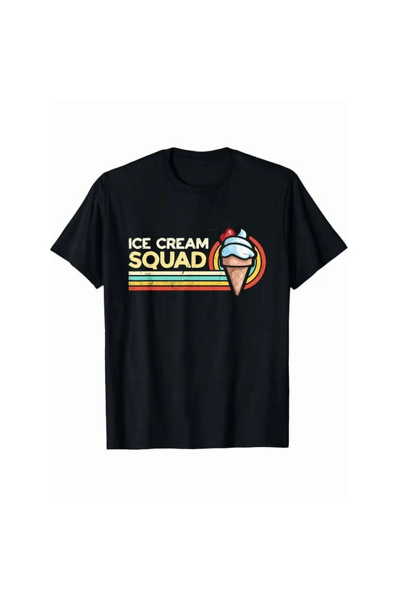 Ice Cream Squad Retro Vintage Graphic T-Shirt - Black Tee with Cone Design - Soft Everyday Shirt for Men & Women