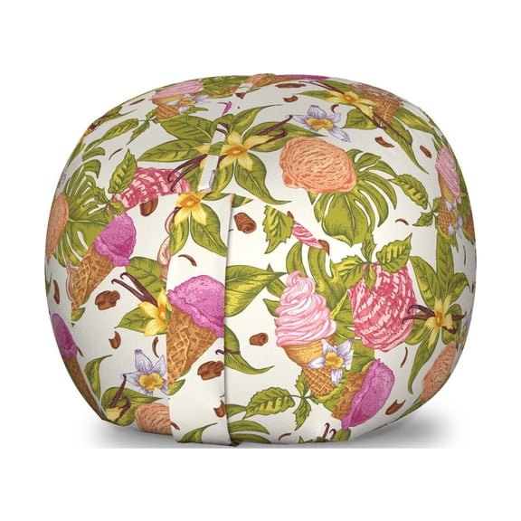 Ice Cream Storage Toy Bag Chair, Continuous Pattern with Tropical Leaves and Flowers with Scoops on Waffle Cones, Stuffed Animal Organizer Washable Bag, Small Size, Multicolor, by Ambesonne