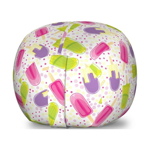 Ice Cream Storage Toy Bag Chair, Popsicles in Cartoon Style Scattered on Polka Dot Background Yummy Fresh Frosting, Stuffed Animal Organizer Washable Bag, Large Size, Multicolor, by Ambesonne