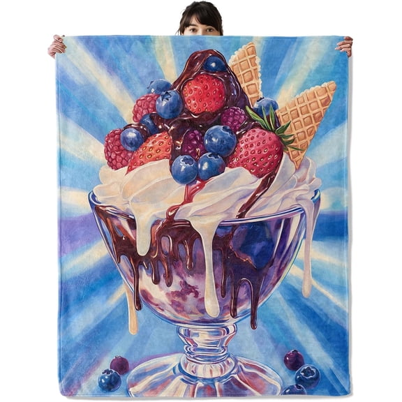Ice Cream Sundae Blanket, Cozy Flannel Sweet Dessert Throw Blanket, Soft Fuzzy Blankets for Travel Home Decor, All Season Lightweight Couch Bed Cover, Gifts for Women Adults Kids 50×60
