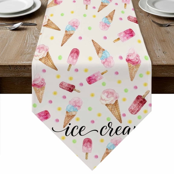 Ice Cream Table Runner Linen Burlap Table Runner 48 Inches Long Summer Pink Popsicle Colorful Polka Dots Dresser Scarves for Kitchen Island Coffee Dining Room Party Wedding Holiday Decor 13"x48"
