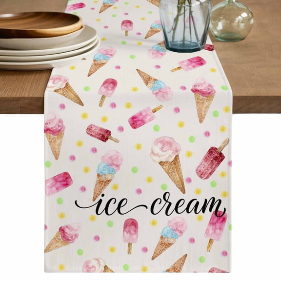 Ice Cream Table Runner, Summer Pink Popsicle Colorful Polka Dots Washable Cotton Linen Table Runners 36 Inches Long, Dresser Scarf Runner for Nightstand/End Tables/Round Tables 13''x36''