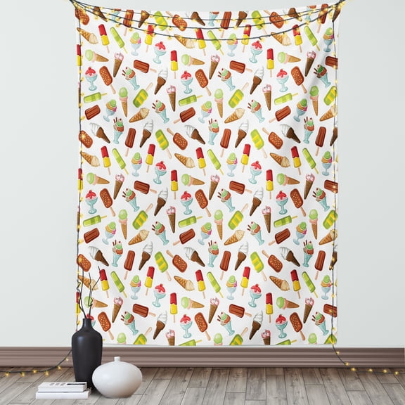 Ice Cream Tapestry, Frozen Desserts in Wafer Cone Glazed Eskimo with Whipped Cream Chocolate Sundae, Wall Hanging for Bedroom Living Room Dorm Decor, 60W X 80L Inches, Multicolor, by Ambesonne