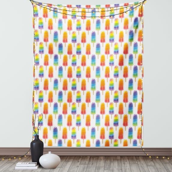 Ice Cream Tapestry, Orange and Rainbow Colored Sugary Treats Popsicles Sweet Tooth Theme Pattern, Wall Hanging for Bedroom Living Room Dorm Decor, 60W X 80L Inches, Multicolor, by Ambesonne