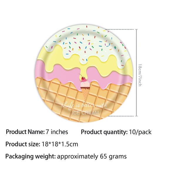 Ice Cream Theme Party Plates 7 Inch Paper Dessert Plates 10 Pack for Birthday Party Tableware Cake Snack Serving