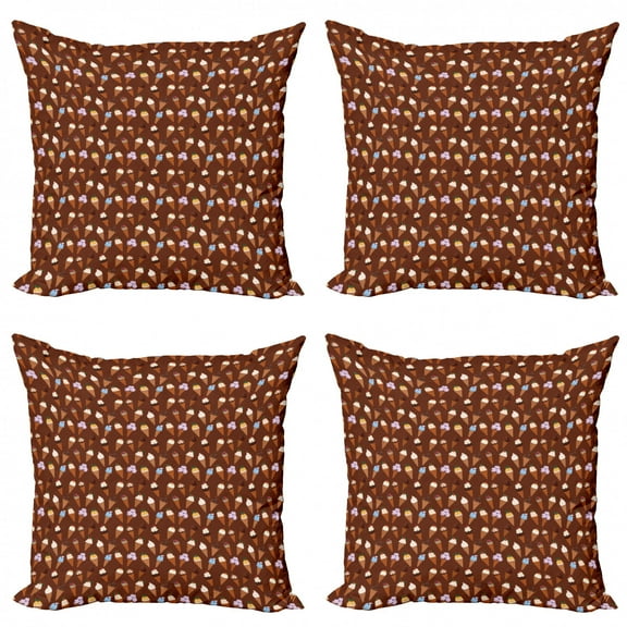 Ice Cream Throw Pillow Cushion Case Pack of 4, Funny Pattern with Delicious Summer Desserts Scoops on Waffle Cones, Modern Accent Double-Sided Print, 4 Sizes, Redbrown and Multicolor, by Ambesonne