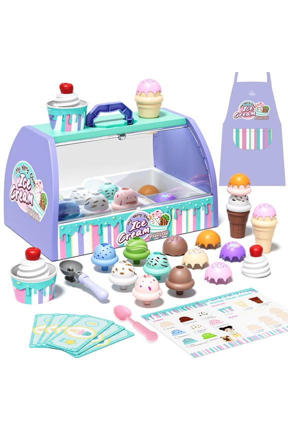 Ice Cream Toy Play Set for Kids,  Ice Cream Counter Playset, Ice Cream Shop Toys for Kids, Pretend Play Food Accessories Best Gift for Toddlers 3-5 Girl or Boy