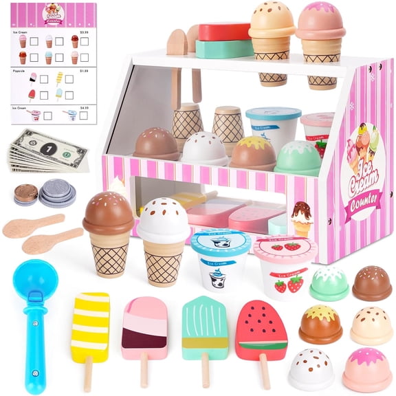 Ice Cream Toy, Wooden Pretend Play Toys Play Store for Kids, Wooden Ice Cream Play Set with Scoop, Menu, Fake Money, Ice Cream Toys Play Kitchen Food Gifts for 3 4 5 6 Year Old Toddlers Girls Boys
