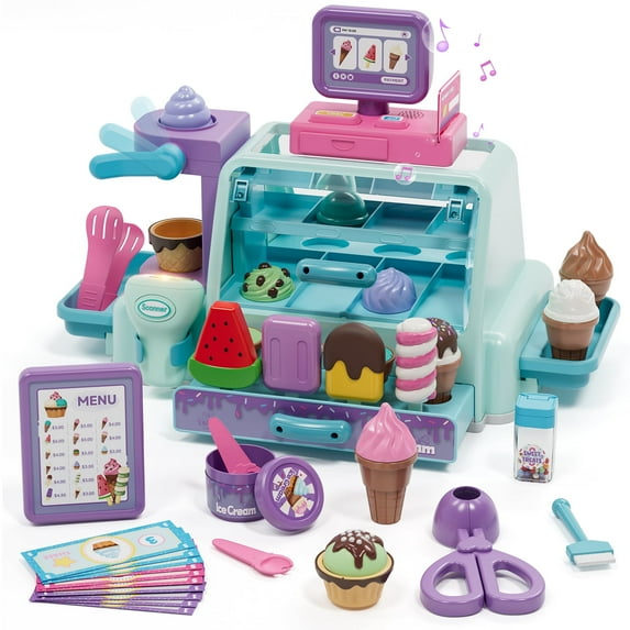 Ice Cream Toys, Toddler Girl Toys, Ice Cream Counter Shop Playset with Scoop and Serve, Pretend Play Toys for 3 4 5 6 Year Old Girls Boys