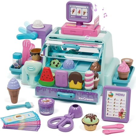 Ice Cream Toys for Toddlers 3-5, Pretend Play Food Toys for Girls, Ice Cream Counter Playset, Ice Cream Shop Toys for Kids, Include Checkout Counter with POS, Best Birthday Christmas Gift for Girls