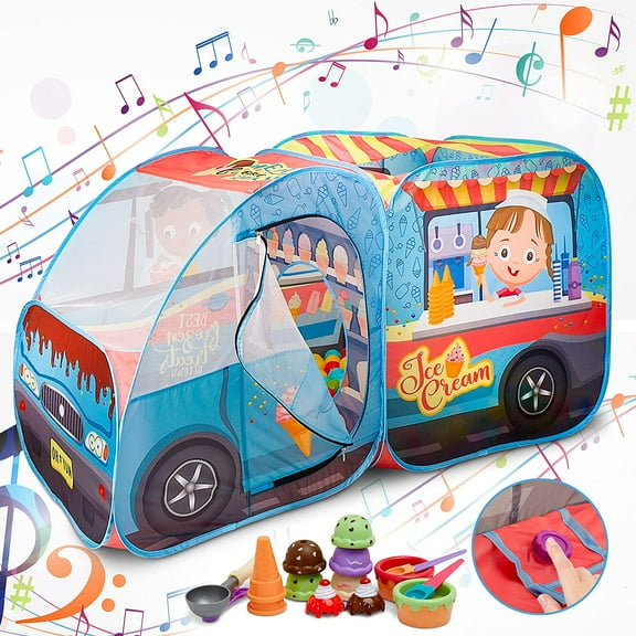 Ice Cream Truck Play Tent with 14 Pc. Pretend Play Food Set with Realistic Ice Cream Truck Sound Button - Pop Up Playhouse for Kids, Toddlers, Girls & Boys, Children’s Ball Pit, Indoor & Outdoor Tent